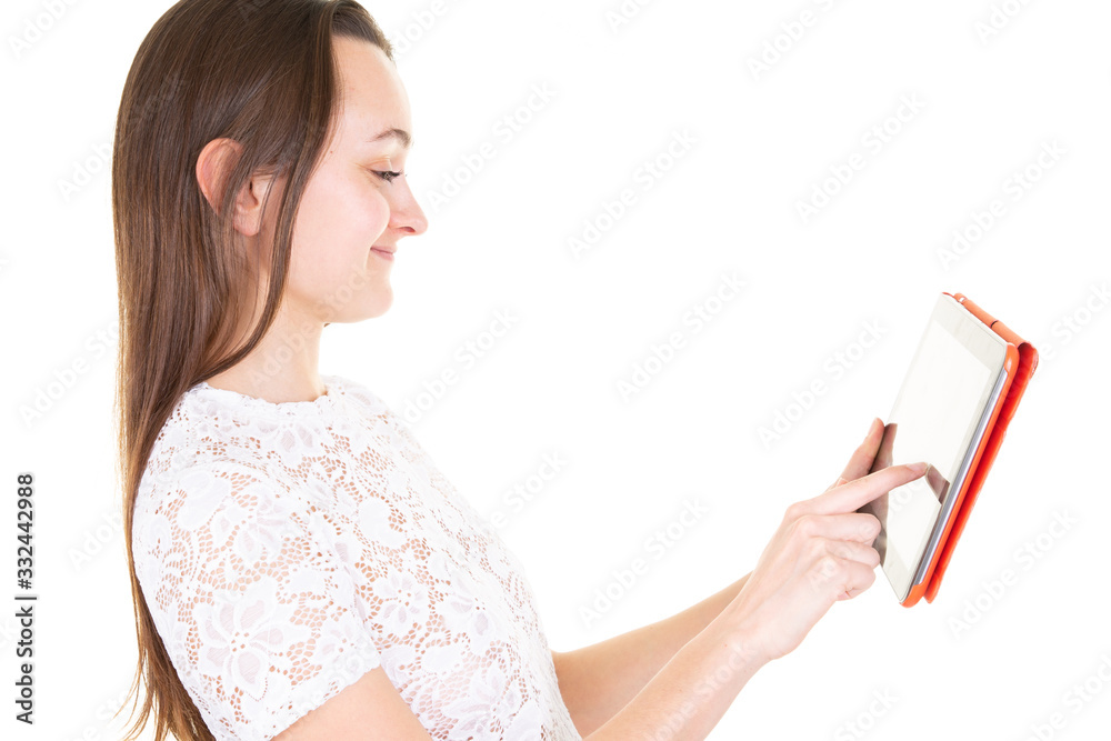 happy working business woman profile with digital tablet in hands over white background happy working business woman profile with digital tablet in hands over white background