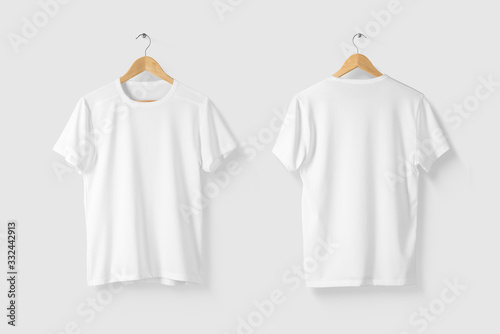 Blank White T-Shirt Mock-up on wooden hanger, front and rear side view. High resolution. photo