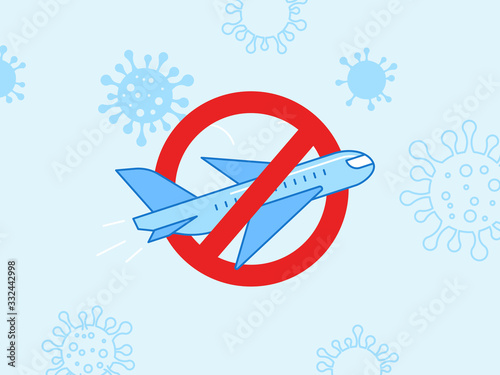 Vector illustration in flat simple style  - novel coronavirus concept covid-19, airplane and stop sign  - travel and flight cancelation