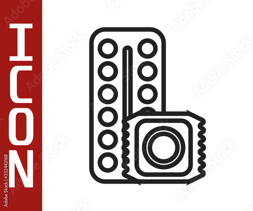 Black line Packaging of birth control pills and condom in package safe sex icon isolated on white background. Contraceptive pill. Vector Illustration
