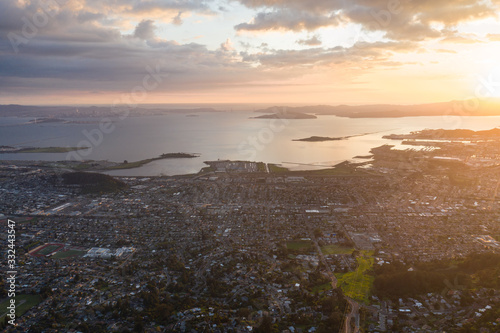 Late evening light shines on the East Bay and San Francisco Bay in Northern California. This region of the west coast is densely populated but is not far from Lake Tahoe and Yosemite National Park.