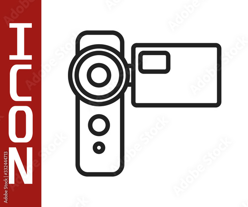 Black line Cinema camera icon isolated on white background. Video camera. Movie sign. Film projector. Vector Illustration