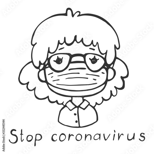 Woman in a protective mask against viruses. Lettering - Stop coronavirus. Cartoon character on a white background in sketch style. Linear illustration.