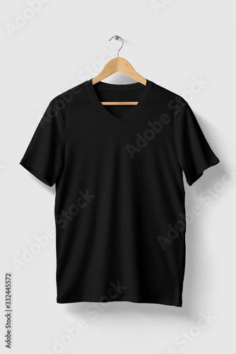 Black V-Neck Shirt Mock-up on wooden hanger, front side view. High resolution.