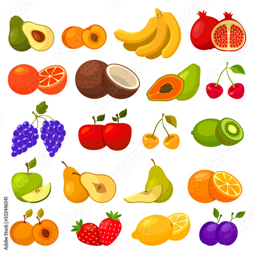 Fruits flat icons  berries and tropical fruits