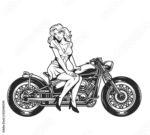 Pretty pinup girl sitting on motorcycle
