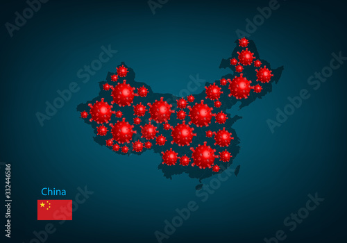 Vector of map and flag of china with Covid-19 Virus image on it, the COVID-19 outbreak spread. the official name by WHO for 2019 Corona Virus that originally came from Wuhan, China.