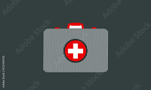 First aid kit in line art isolated on grey background. Health, help and medical diagnostics concept. Vector illustration. EPS 10.