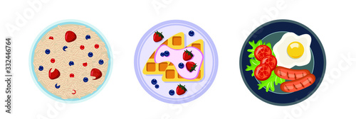 Set of delicious and healthy breakfasts: oatmeal porridge with berries, fried eggs with sausages and vegetables, Belgian waffles with cream and berries.