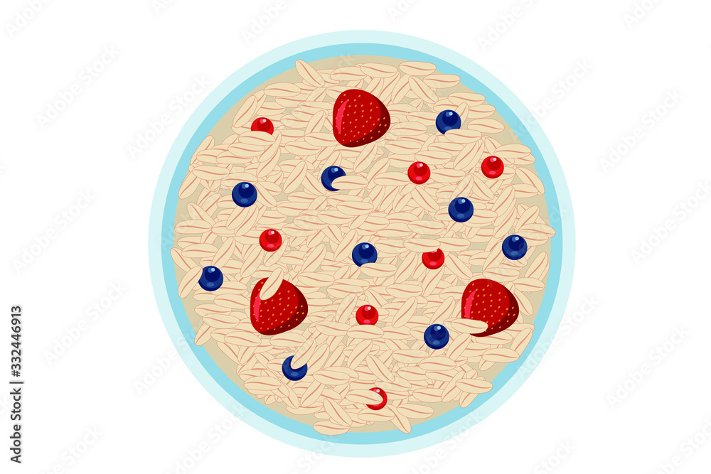 Oatmeal porridge with berries. Healthy and delicious Breakfast. The view from the top. Flat vector illustration. EPS 10. Oatmeal porridge with berries. Healthy and delicious Breakfast. The view from the top. Flat vector illustration. EPS 10.