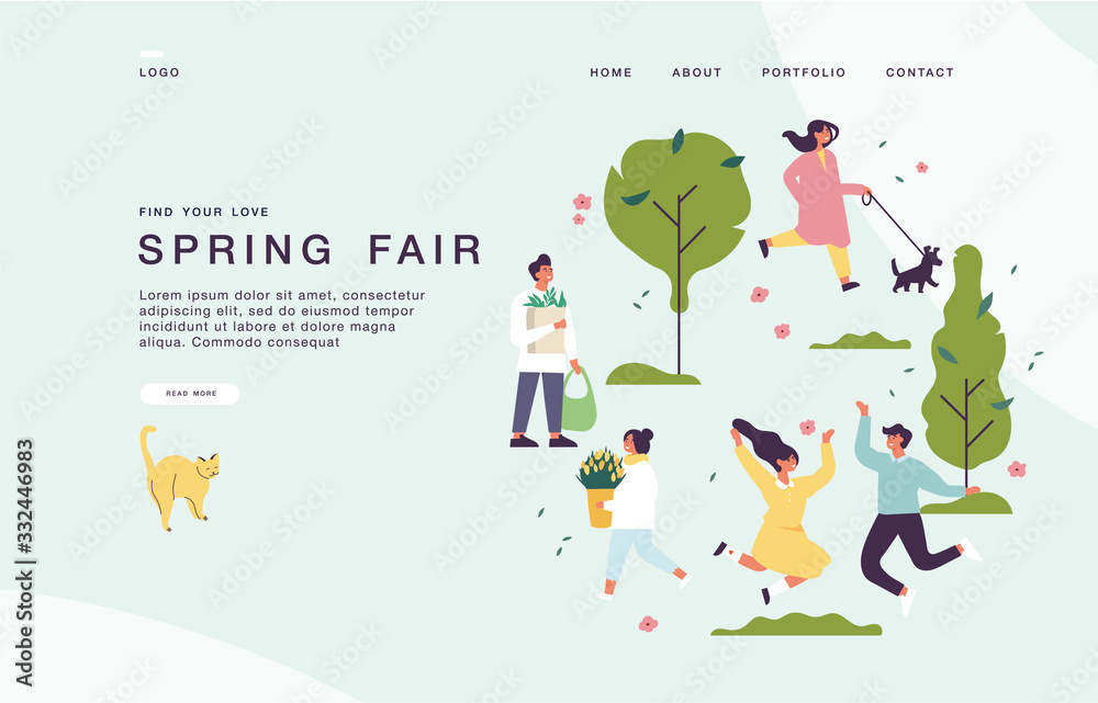 Landing page template for websites with with people enjoying their time outdoors in park. Cocept of spring fair.