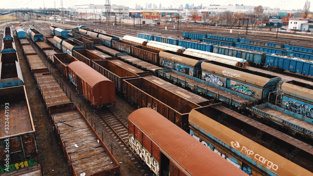 Warsaw, Poland 03.20.2020. - Empty cargo containers on the railyard. Freight transport. inland shipping Warsaw, Poland 03.20.2020. - Empty cargo containers on the railyard. Freight transport. inland shipping