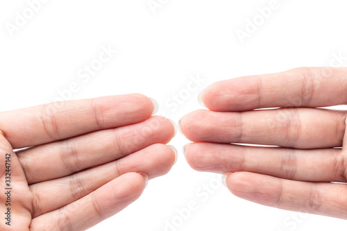 Close up four long nail fingers hands isolated on white background with clipping path.