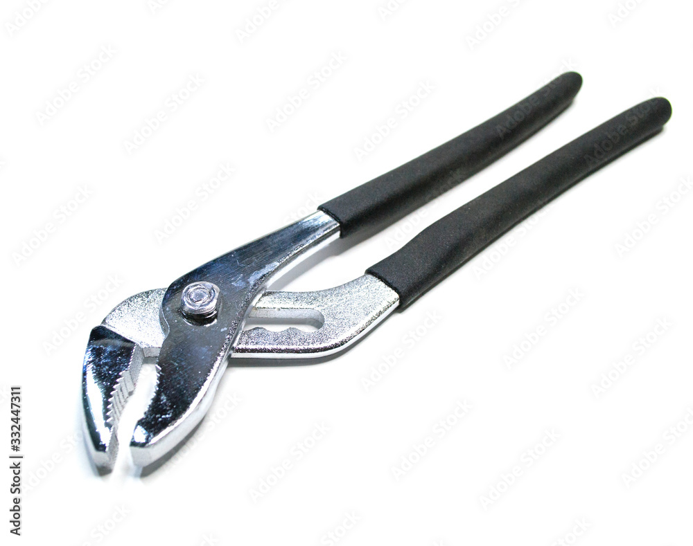 Obraz premium Plumbing wrench with black handles on a white background. Manual metal tool for loosening nuts and clamping parts.