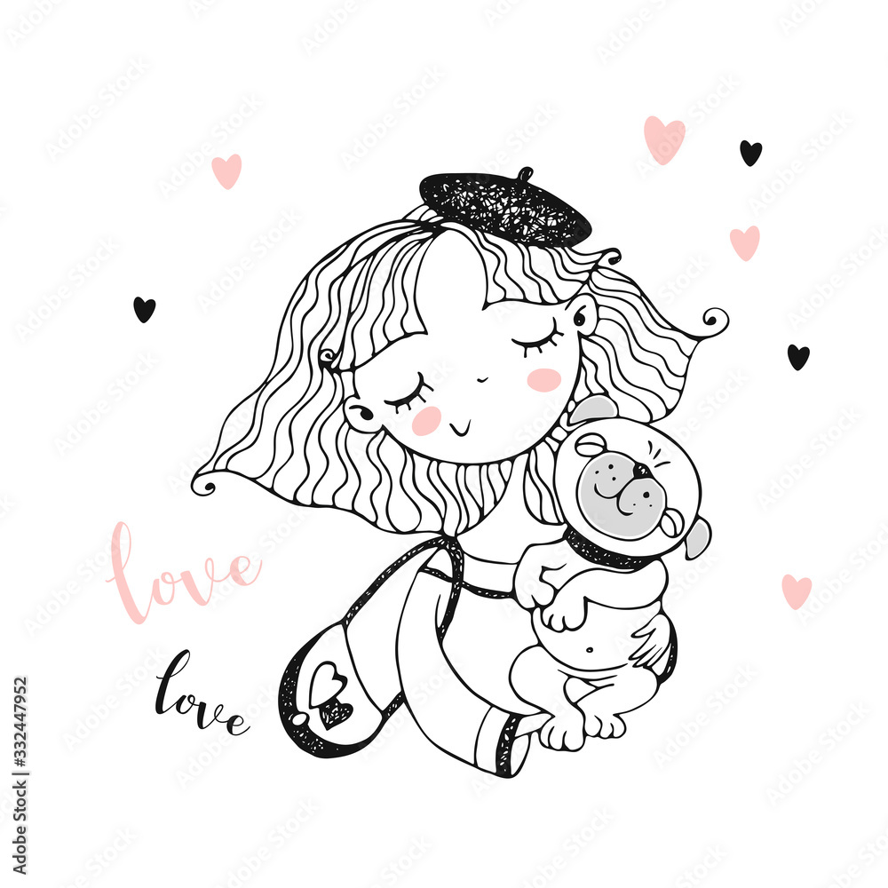 Fototapeta Cute girl in a beret with her pet dog pug. Coloring. Vector