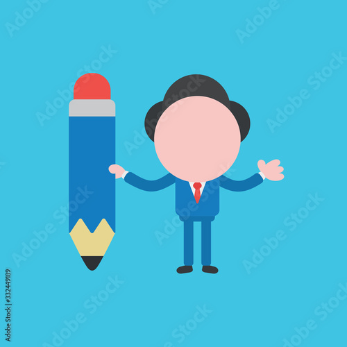 Vector illustration of businessman character holding pencil icon.