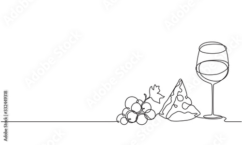 A glass of wine, a bunch of grapes and cheese. Drawing by a continuous line