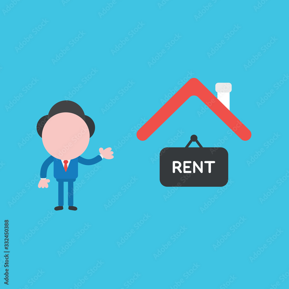 Φωτογραφία Vector illustration of businessman character with house and rent word written on hanging sign icon