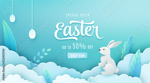 Easter sale banner background. Paper cut style holiday discount offer template with pink cloud, red leaves, white egg, bunny. Spring vector backdrop with typography promo text