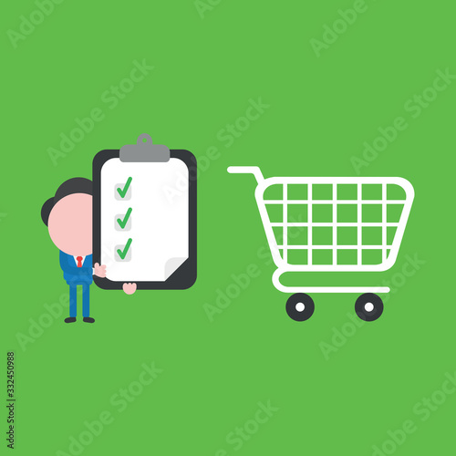 Vector illustration of businessman character with shopping cart and holding clipboard with paper and three check marks.