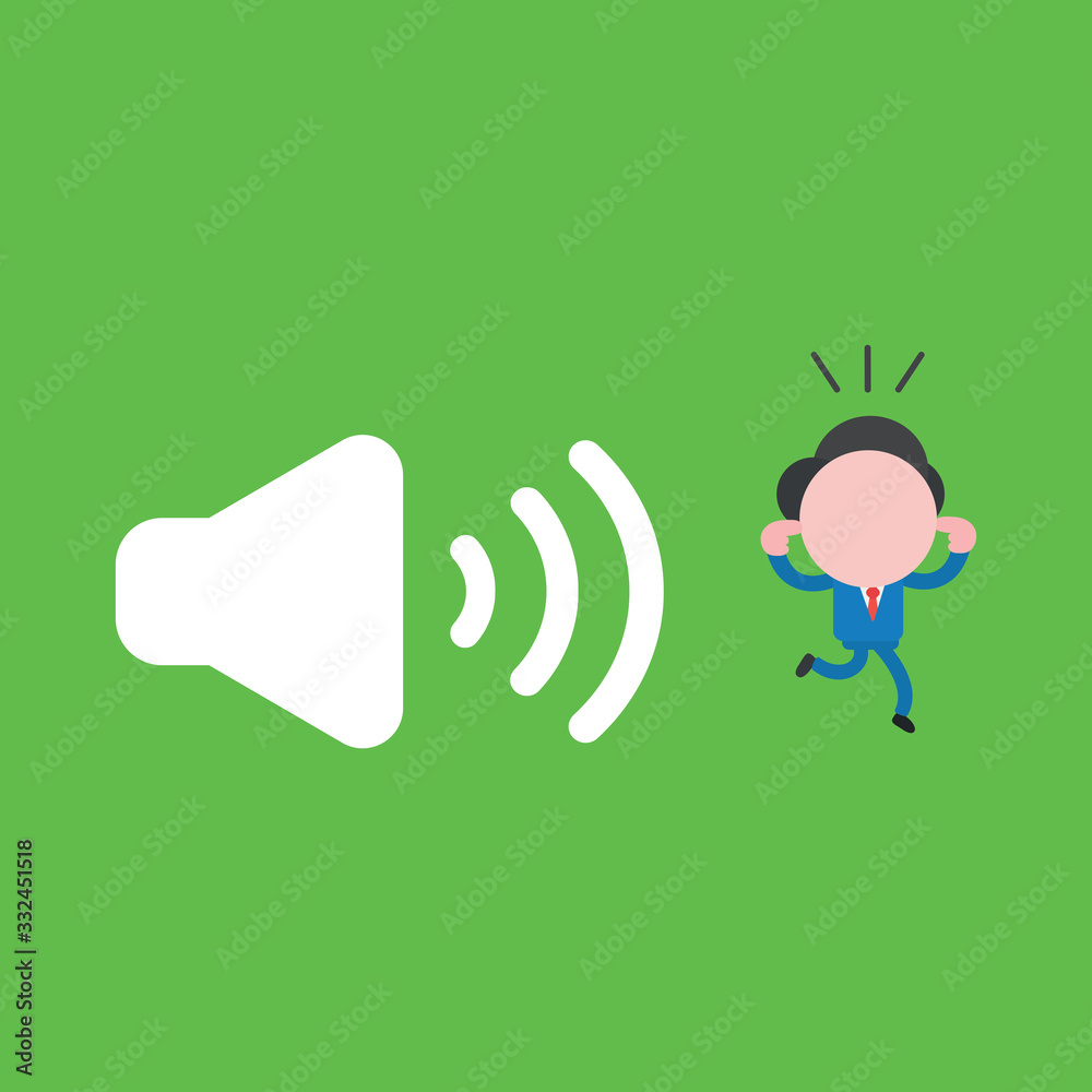 Vector illustration of businessman character close ears with fingers and running away from loud voice speaker sound. Vector illustration of businessman character close ears with fingers and running away from loud voice speaker sound.