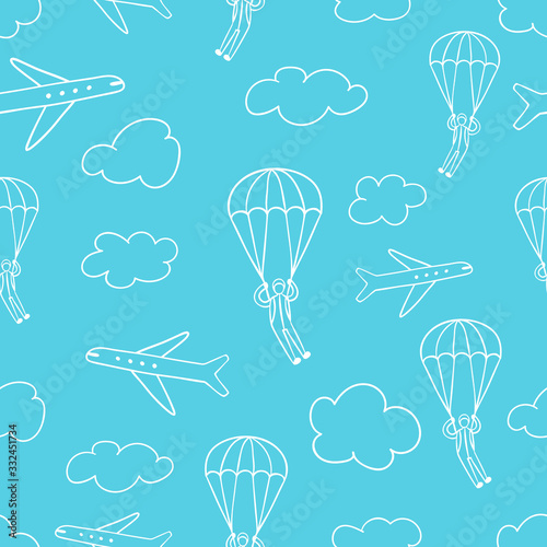 Seamless pattern with skydivers, planes, clouds on blue background