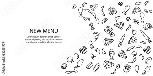 Food doodles on white background. Vector illustration for menu or food package design, banner, presentation design, poster, and flyer. Set of healthy food ingredients. Hand drawn sketches