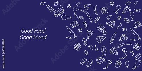 Food doodles on blue background. Vector illustration for menu or food package design, banner, presentation design, poster, and flyer. Set of healthy food ingredients. Hand drawn sketches