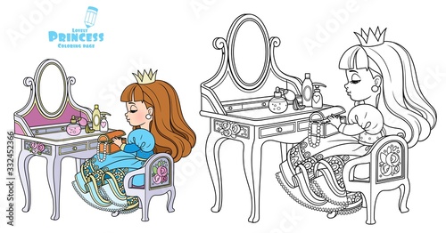 Cute princess sitting behind dressing table outlined and color for coloring book
