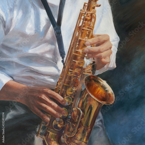 jazz man wearing white shirt playing shiny saxophone - performing male musician oil painting with detailed canvas texture