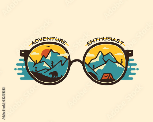 Camping badge illustration design. Outdoor logo with quote - Adventure enthusiast, for t shirt. Included retro mountains, bear and tent. Unusual hipster style patch. Stock vector isolated