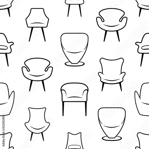 Seamless pattern with chairs and armchairs. Linear icon design. Front view black chair on a white background.