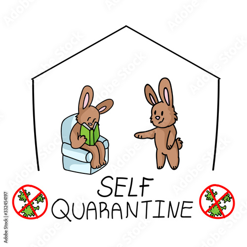 Corona virus covid 19 self quarantine cute bunny activity infographic. Self isolate support. Reading, stay calm graphic. Viral isolation information. Cuation support help.