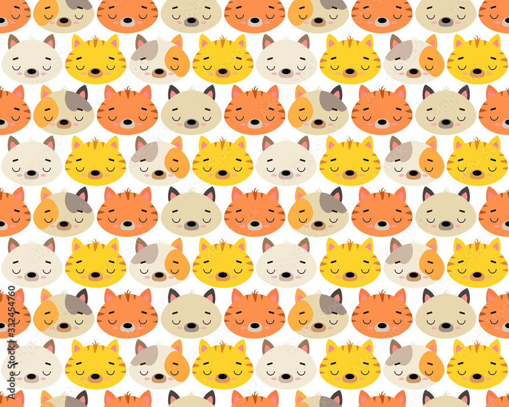 Cute vector illustration with cats of different breeds. Seamless pattern. Background. Adorable cartoon pets faces. For design, print on fabric, wallpaper, children's decor.