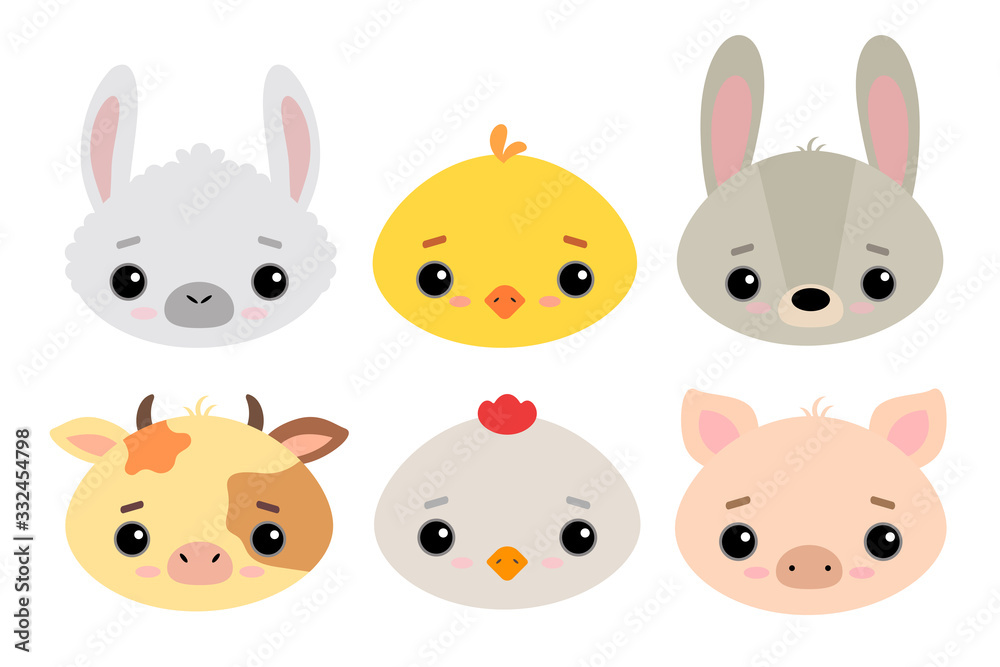 Set of cute vector illustrations in flat style isolated on white background. Farm animals and birds. Llama or alpaca, duck, rabbit, cow, chicken, pig in cartoon style. For design and children's decor. Set of cute vector illustrations in flat style isolated on white background. Farm animals and birds. Llama or alpaca, duck, rabbit, cow, chicken, pig in cartoon style. For design and children's decor.