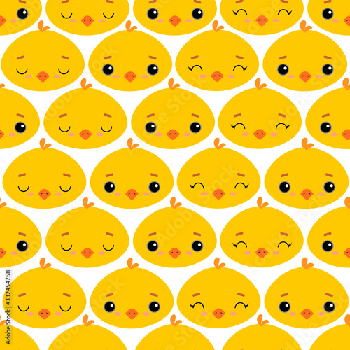 Cute vector illustration with spring chicken. Seamless pattern. Background. Adorable cartoon faces. Easter theme. For design, print on fabric, wallpaper, children's decor.