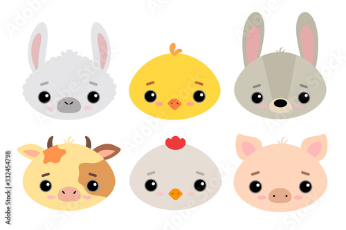 Set of cute vector illustrations in flat style isolated on white background. Farm animals and birds. Llama or alpaca, duck, rabbit, cow, chicken, pig in cartoon style. For design and children's decor.