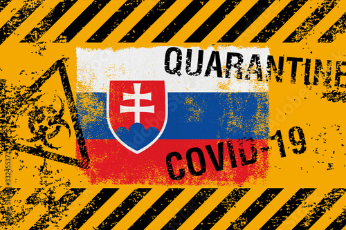 Photography Flag of Slovakia on grunge styled background with COVID-19 and QUARANTINE symbols on it