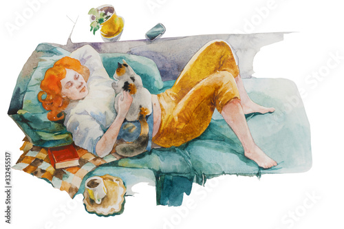 young woman chilling on a sofa with a cat, sitting on her belly, book and coffee cup. Original watercolor illustration of stay at home concept