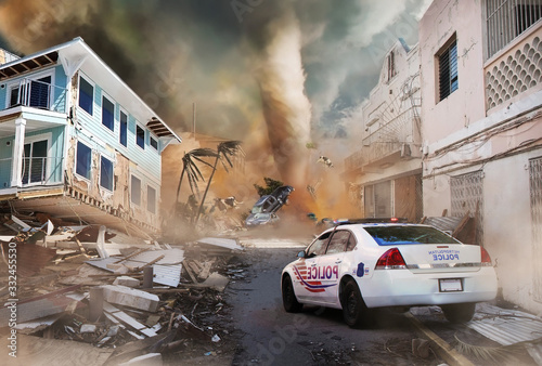 Canvas Print Tornado with storm and bad weather cataclysm destroy city