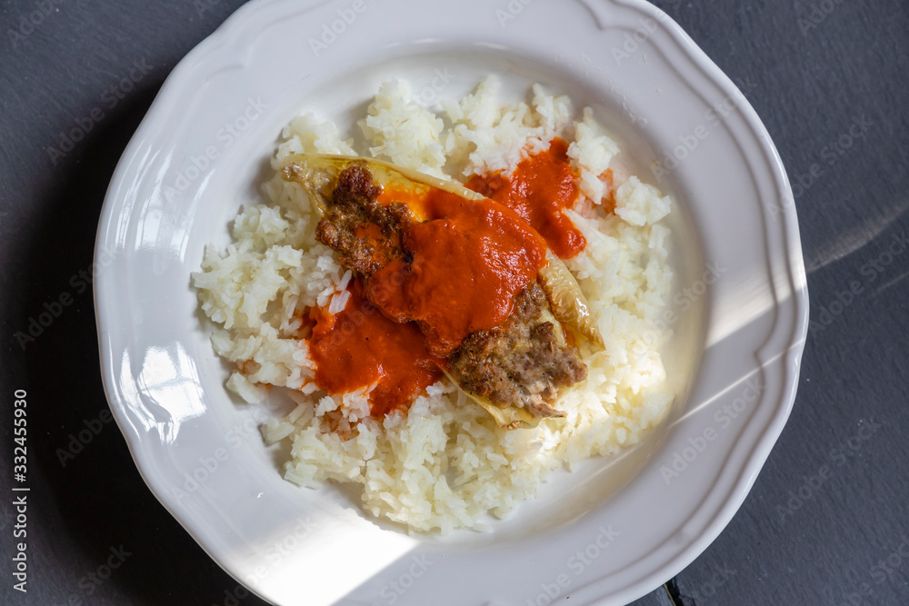 pepper filled with minced meat with tomato sauce and rice pepper filled with minced meat with tomato sauce and rice