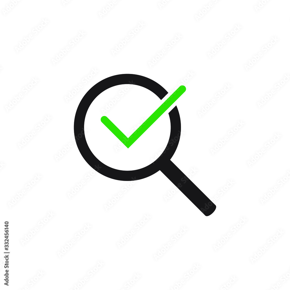 Magnifying glass with green check tick. Vector icon illustration design. For concepts of research, results found, success, reviews, examination, discovery. Magnifying glass with green check tick. Vector icon illustration design. For concepts of research, results found, success, reviews, examination, discovery.