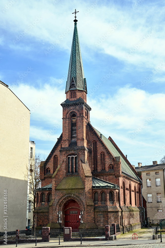 A historic, neo-Gothic Evangelical church in the city of Poznan