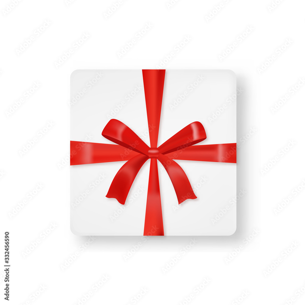 Beautiful realistic gift box with tied red bow isolated on white background. Decorative design template. High quality vector illustration. Beautiful realistic gift box with tied red bow isolated on white background. Decorative design template. High quality vector illustration.