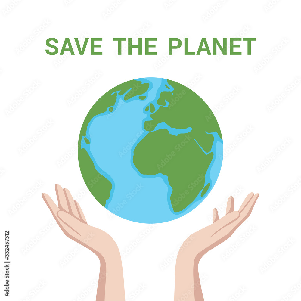 Save the Planet vector card with hands. People help and take care of the Earth. Vector template with the globe for Earth Day. Save the World concept, April 22 Save the Planet vector card with hands. People help and take care of the Earth. Vector template with the globe for Earth Day. Save the World concept, April 22