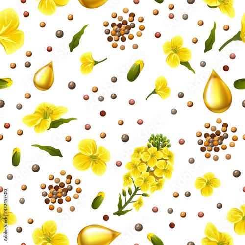 Rape seeds and flowers, canola oil. Brassica napus. Seamless vector pattern.