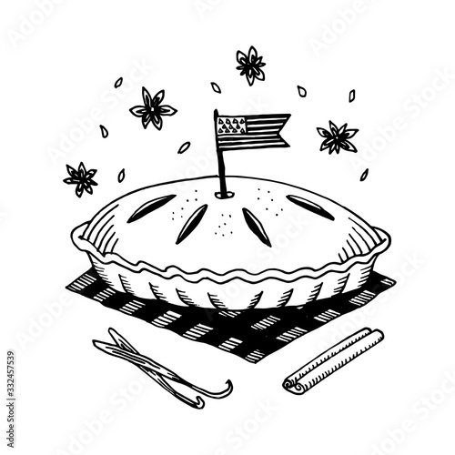 American apple pie. Doodle black and white vector illustration objects isolated