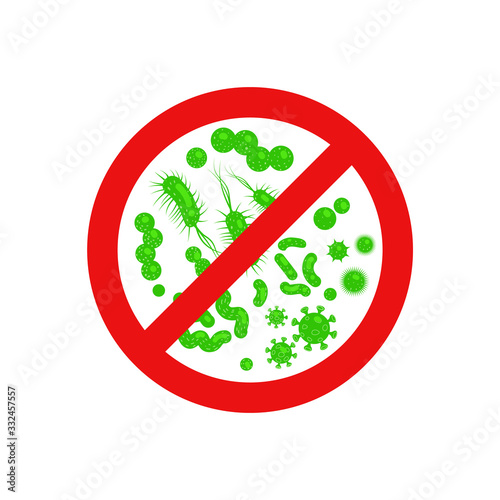 Antibacterial sign. Stop bacteria red alert circle with germs. 