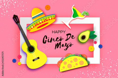 Happy Cinco de Mayo Banner in paper cut style. Origami Fan, tacos. Coctail. Mexico, Carnival Square frame. Space for text. Pink background.