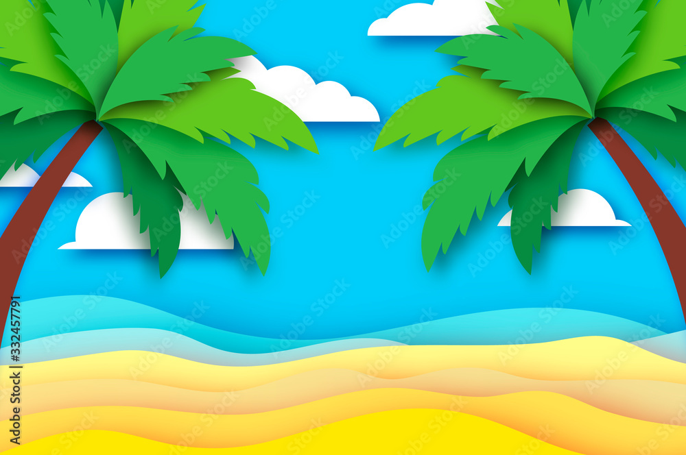 Seaside landscape in paper cut style. Nobody under the green palm trees on Seashore. Time to travel. Tropical beach. Summer holidays. Noboody.